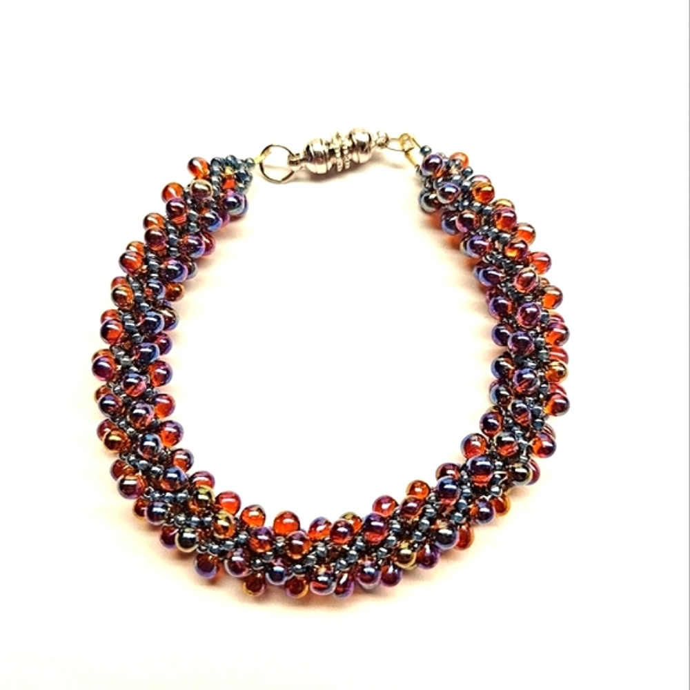 Red and Blue Russian Spiral Seed Bead Bracelet